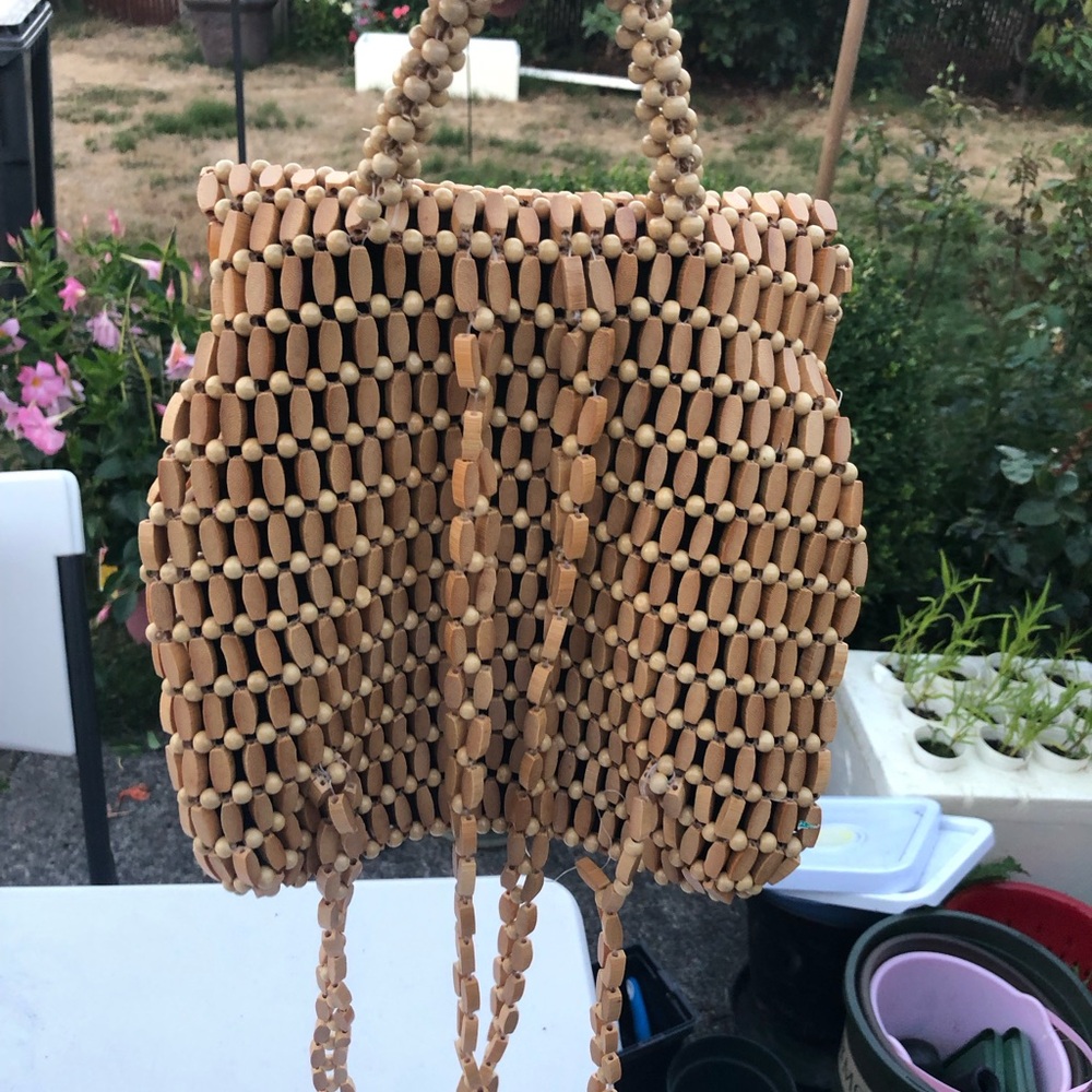 Handmade Beaded Drawstring Shoulder Bag - Tan